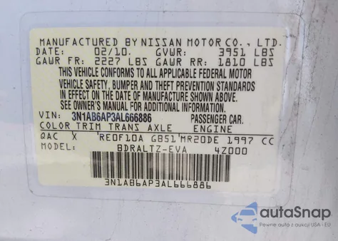 2010 Nissan Sentra 2.0Sr z USA, uszkodzony, nr VIN 3N1AB6AP3AL666886